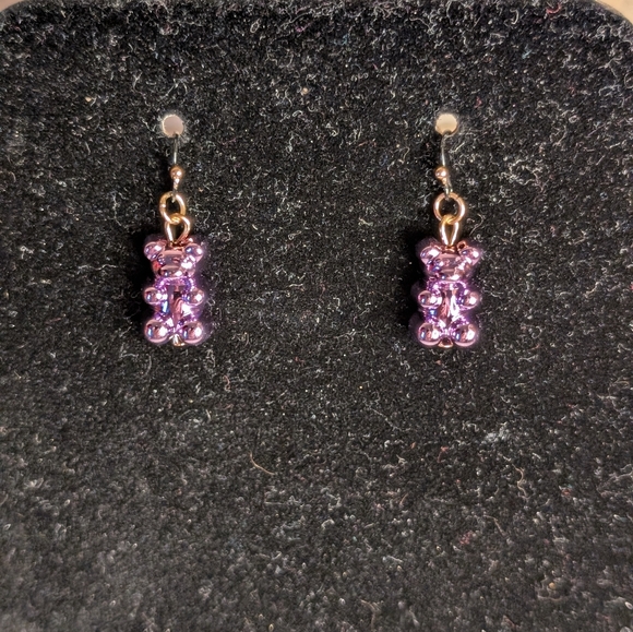 Hand Crafted Jewelry - Hand Crafted Purple & Black Metallic Bear Pierced Earrings